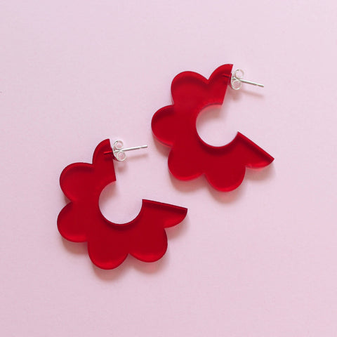 Red Scallop Hoop Earrings